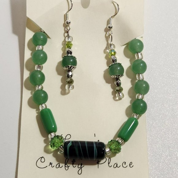 Green Jade Aventurine Silver Black Bracelet Earrings Set - Picture 4 of 7